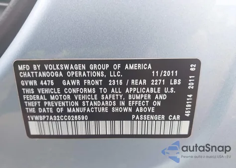 2012 Volkswagen Passat 2.5L Se from USA, damaged, VIN 1VWBP7A32CC026590